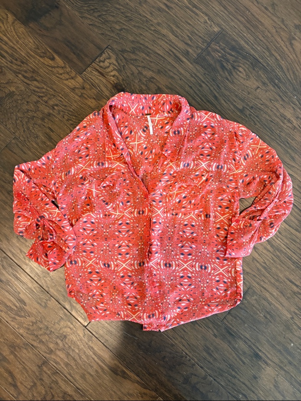 Free People Coral Red Printed Button-Up Blouse